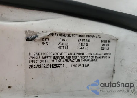 2001 Buick Century Custom из США, поврежденный, VIN 2G4WS52J511293211